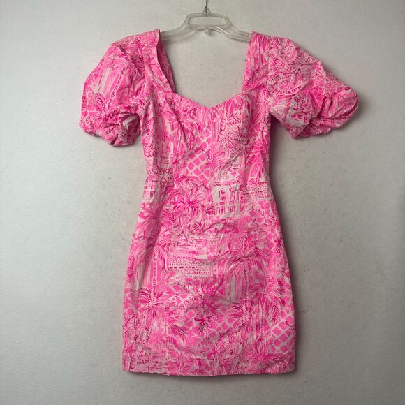 Lilly Pulitzer Dress Womens 0 Pink Merian Palm Leaf Summer Puff Sleeve - Picture 6 of 8